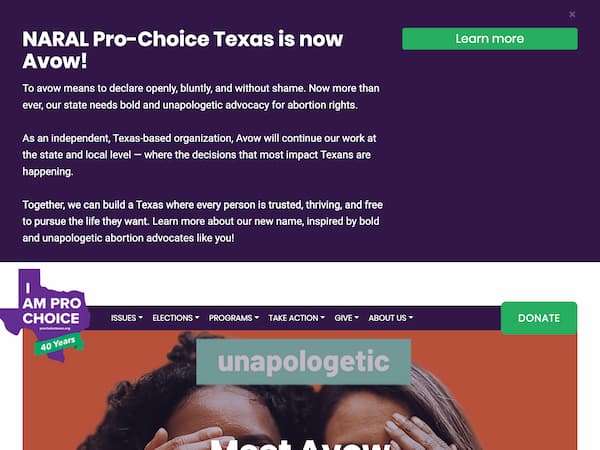 Screenshot of NARAL Pro-Choice Texas